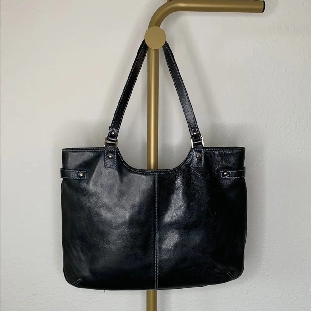 Nordstrom Black Leather Blue Stitching Casual Tote Bag Paisley Lining Lg Pockets - Picture 3 of 14